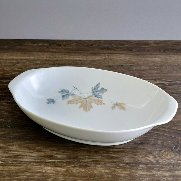 Vintage Noritake Maplewood 11" Oval Serving Bowl Blue & Tan Autumn Leaves c1960s - Picture 3 of 12